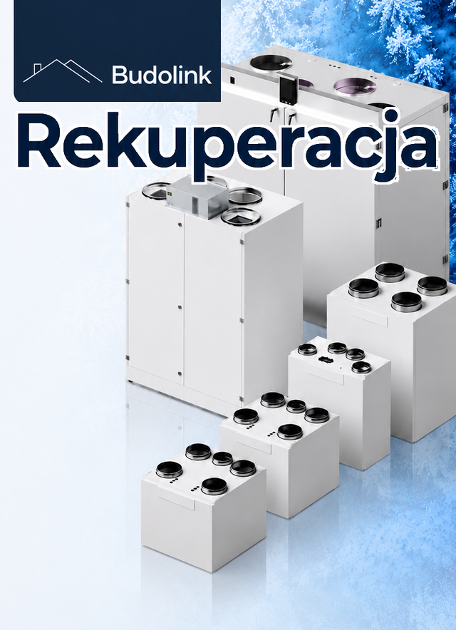 Rekuperatory i napis Rekuperacja oraz logo Budolink